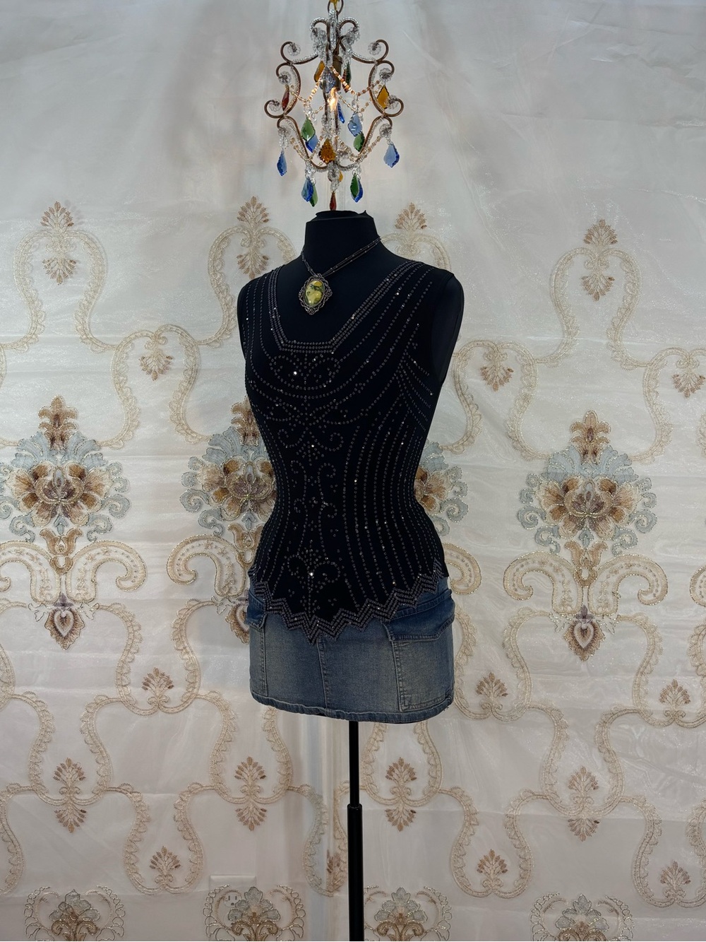 ✨Vintage Y2K Boho Black Beaded Square Neck Tank Top✨